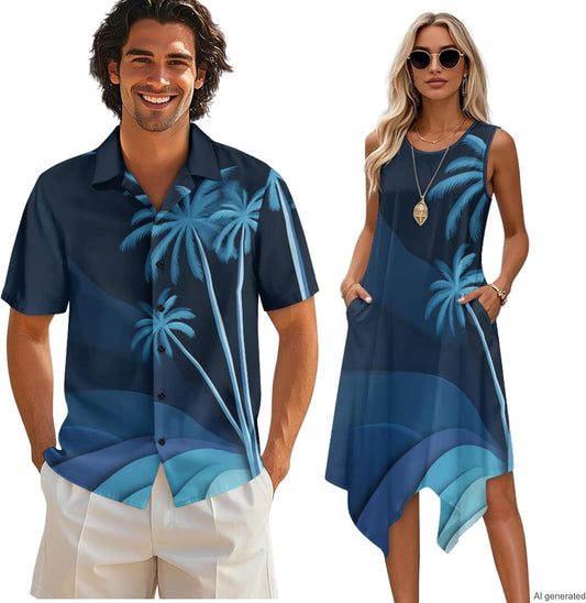 TOADDITDO Couple Shirts and Dress Matching Outfit Womens Sleeveless Flared Mini Sundress or Mens Buttons Hawaiian Aloha Shirt