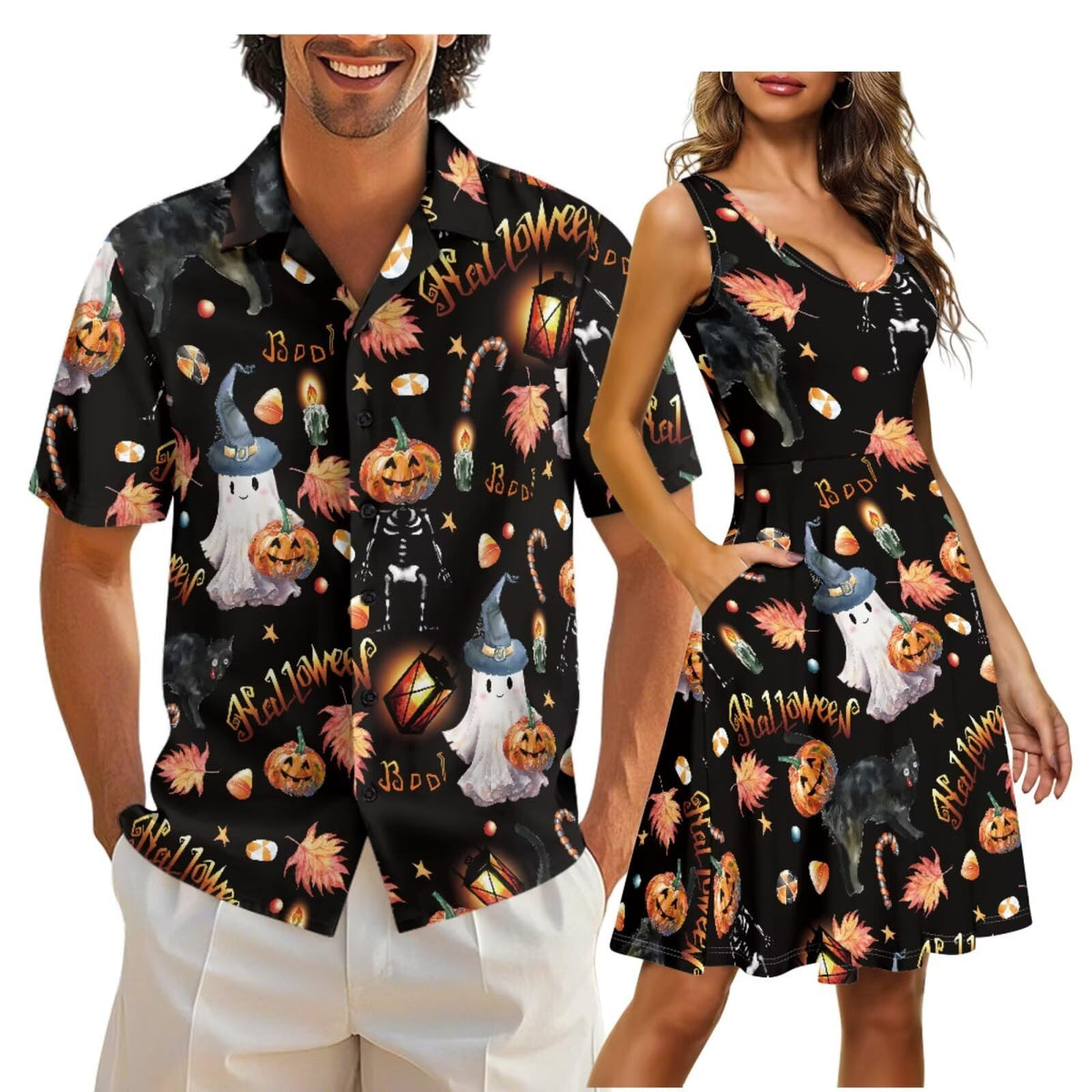Gomyblomy Matching Hawaiian Outfits for Couples Vacation Tropical Floral Women Dress Mens Shirts His and Hers Clothing