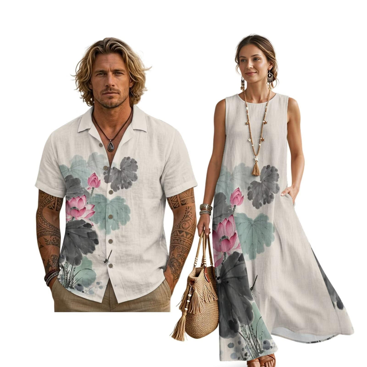 Women's Summer Dresses Sleeveless Sundresses, Men's Button Down Short Sleeve Shirts, Linen Couple Matching Outfits