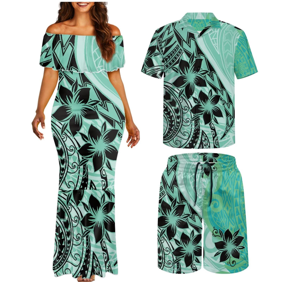 Matchable Couple Hawaiian Polynesian Puletasi Samoa Womens Dress with Mens Shirt and Mens Shorts Couple Set