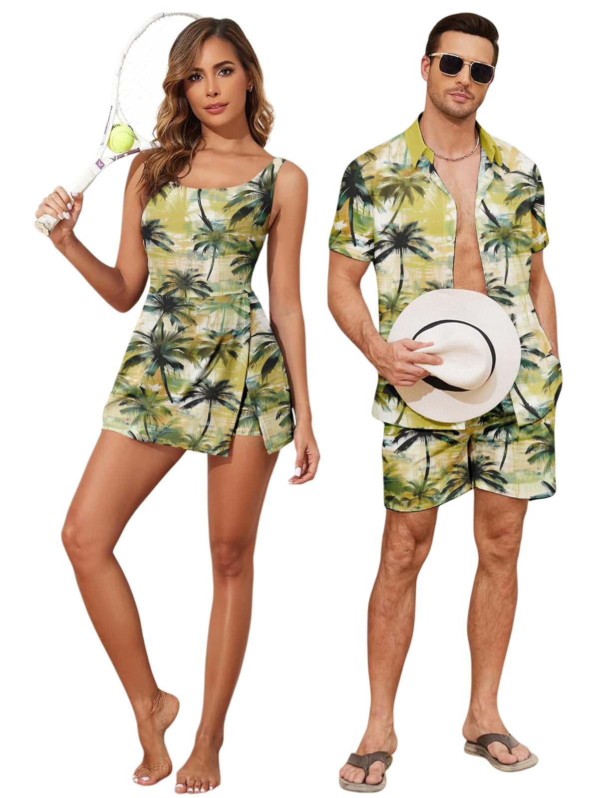 Matching Hawaiian Outfits Beach Vacation for Couples Tropical Print Women One Piece Swimwear or Men Shirt Suit