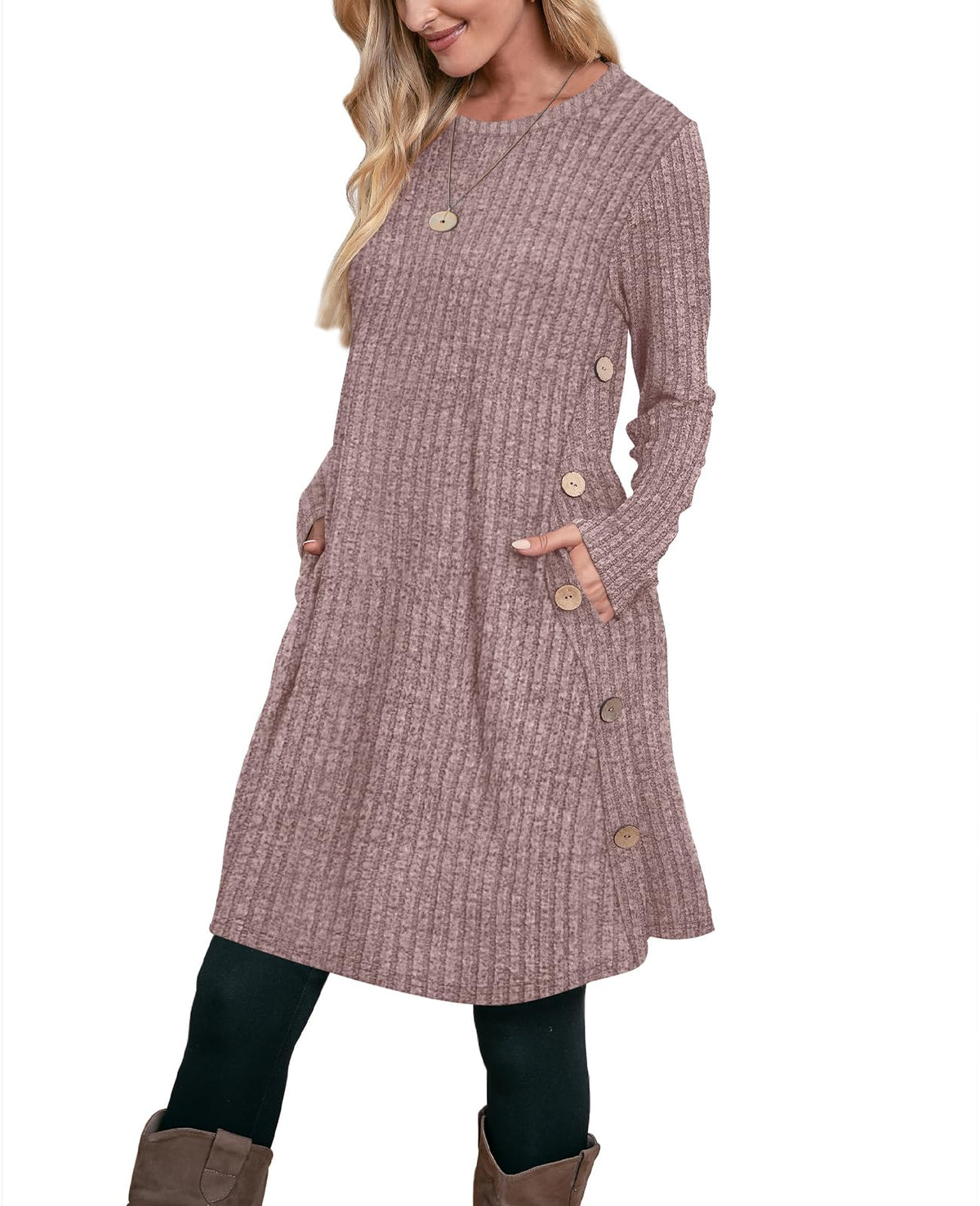 OFEEFAN Fall Dresses for Women 2026 Crew Neck Long Sleeve Dress with Pockets