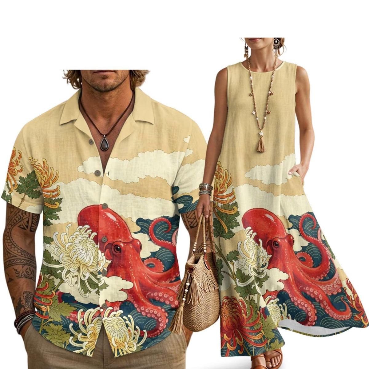 Husband and Wife Clothes Linen Casual Shirt for Men Maxi Dress for Women Summer Dress Matching Vacation Clothes