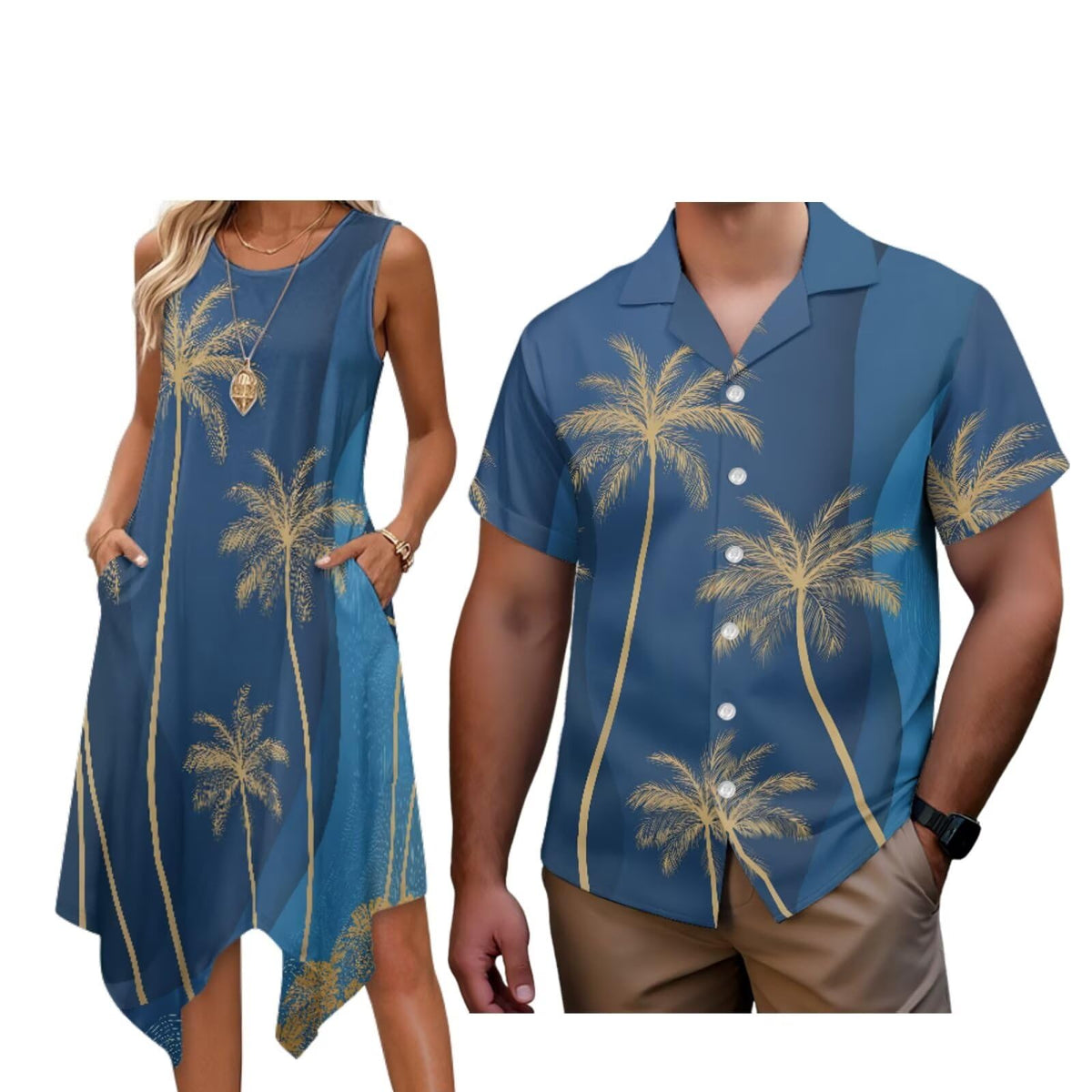 Matching Hawaiian Outfits for Couples Womens Asymmetrical Midi Dress Mens Beach Shirts Short Sleeve Button Up Shirt