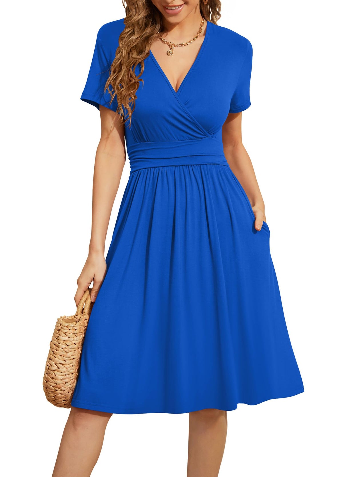 WEACZZY Women's Summer Short Sleeve Casual Dresses V-Neck Floral Party Dress with Pockets