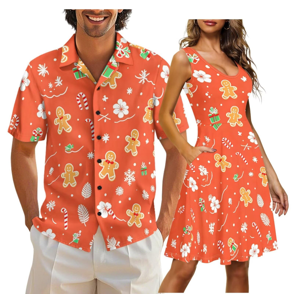 Cozeyat Matching Hawaiian Outfits for Couples Mens Button Up Polos Shirt and Women Sleeveless Sundress with Pockets
