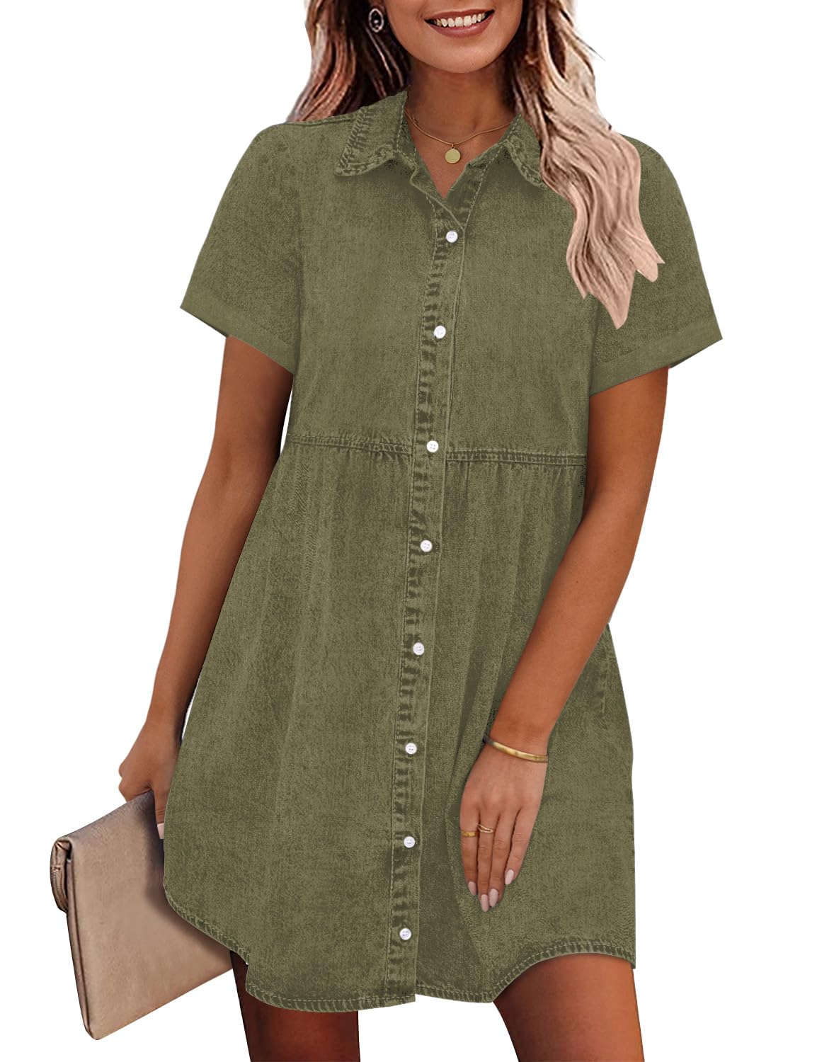 GRAPENT Denim Dress for Women Babydoll Tiered Short Sleeve Button Down Jean Shirt Dresses
