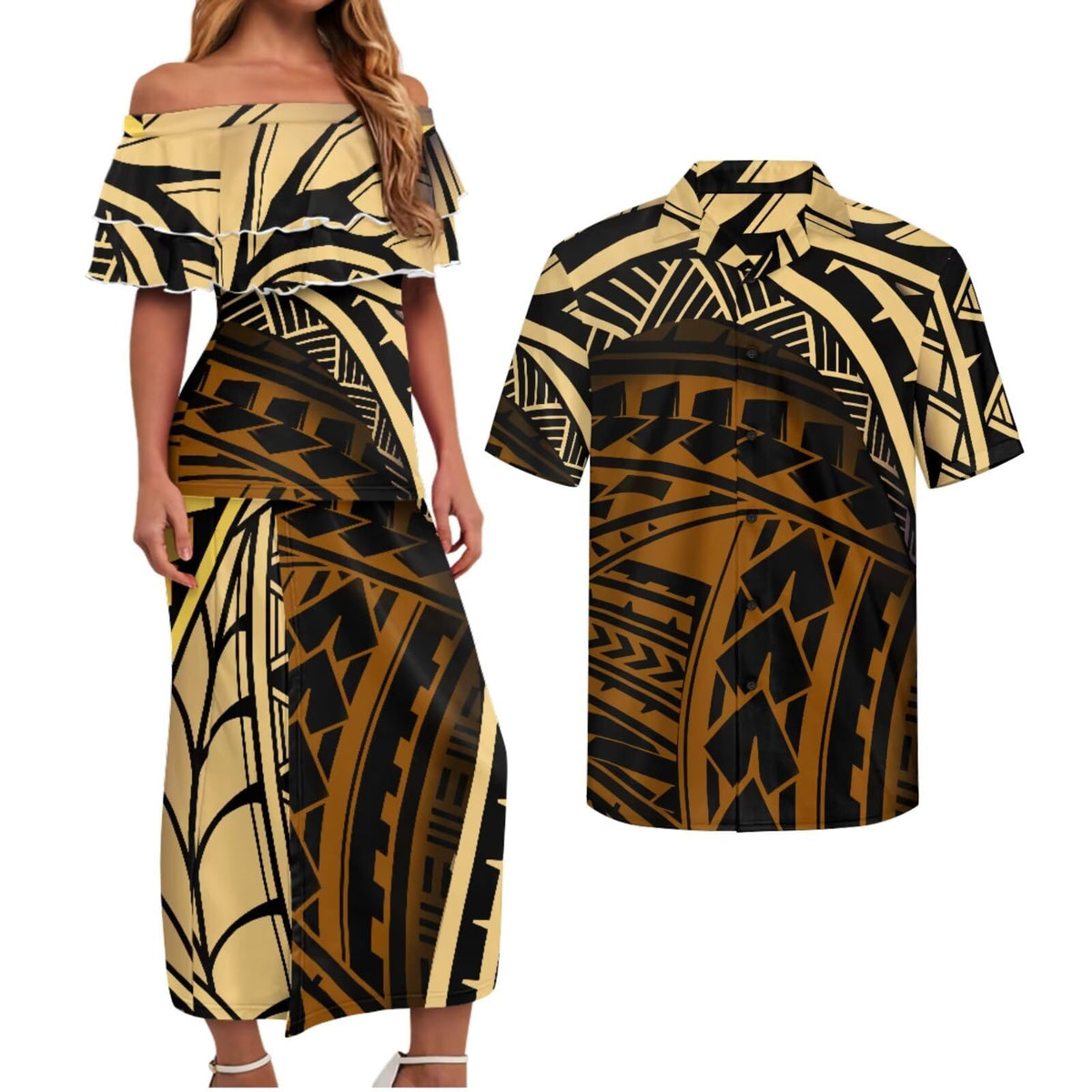 Polynesian Couples Matching Outfits Short Sleeve Puletsai Samoan Traditional Dress & Man Shirts
