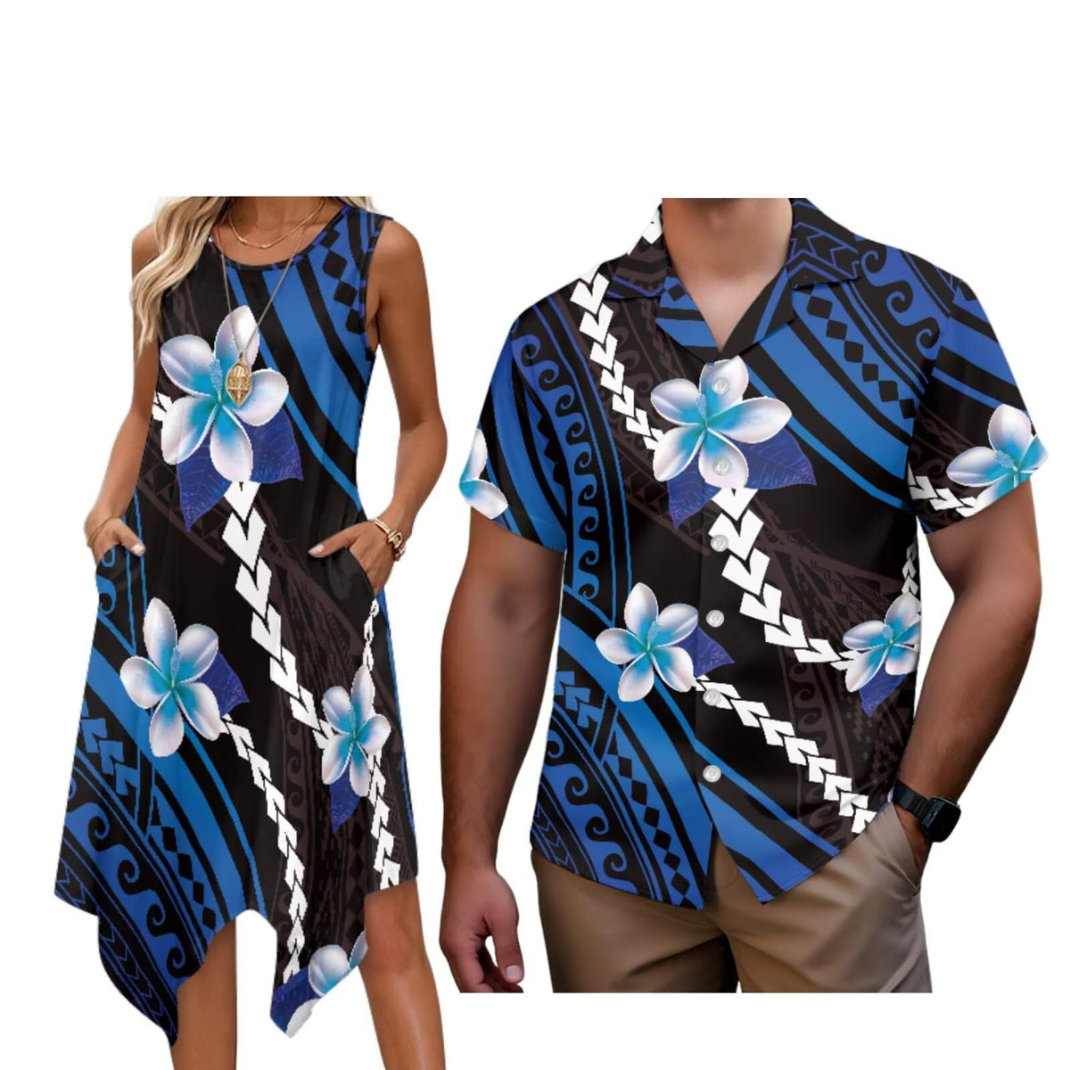 Matching Hawaiian Outfits for Couples Womens Asymmetrical Midi Dress Mens Beach Shirts Short Sleeve Button Up Shirt
