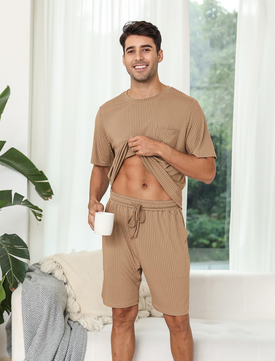EISHOPEER Matching Pajamas for Couples 2 Piece Lounge Set Ribbed Knit Pajama Matching Tops and Shorts Soft Sleepwear S-XXL