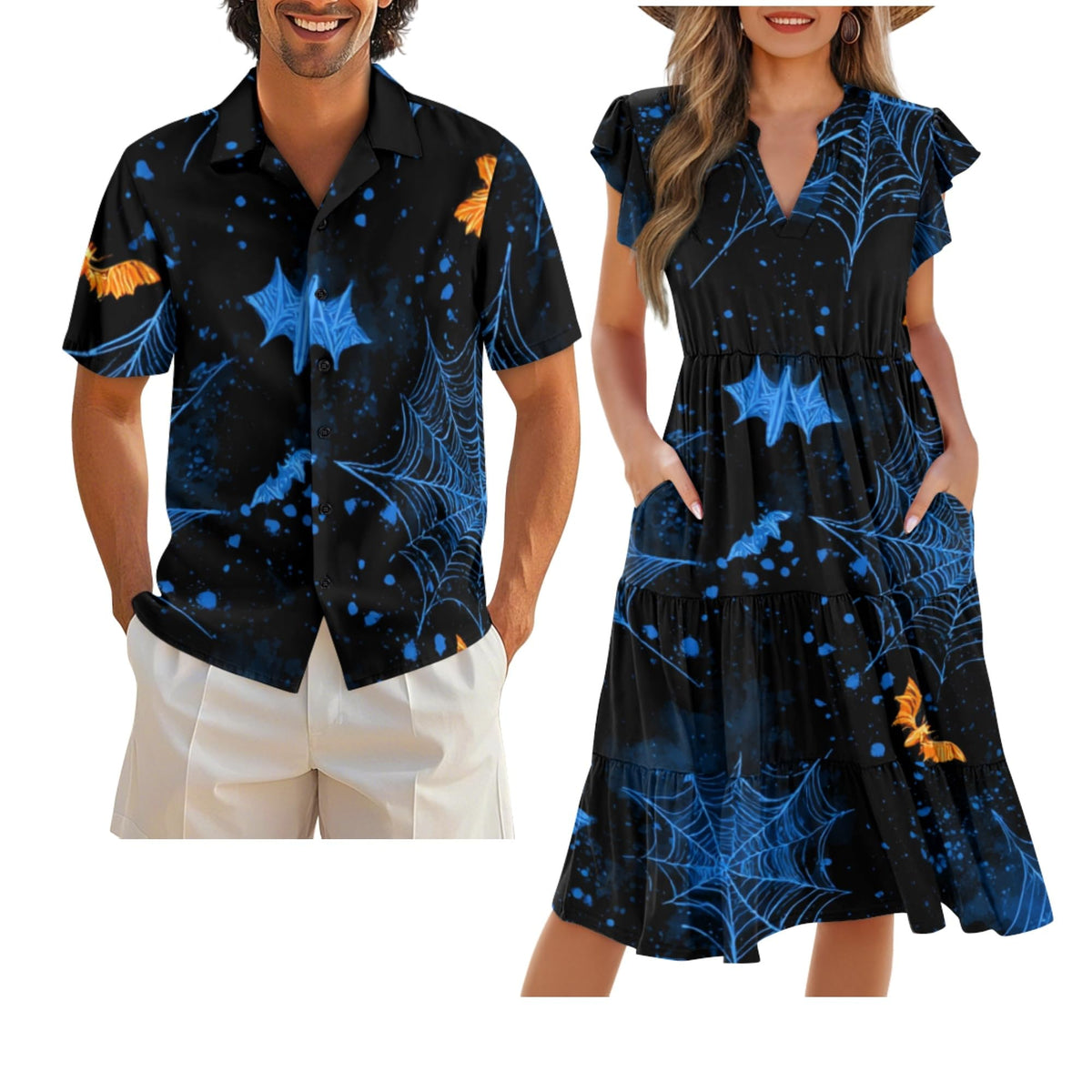 His and Hers Matching Hawaiian Outfits Mens Button Down Shirt Flowy Tiered Midi Dress