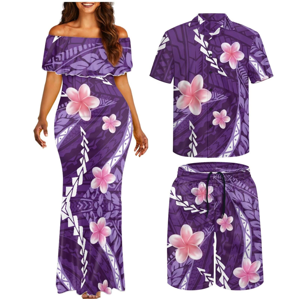Matchable Couple Hawaiian Polynesian Puletasi Samoa Womens Dress with Mens Shirt and Mens Shorts Couple Set