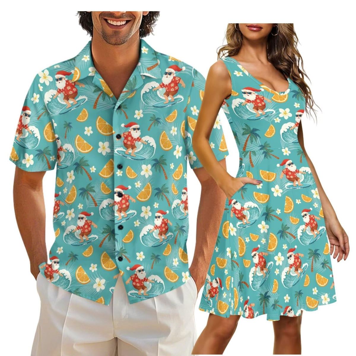 Gomyblomy Matching Hawaiian Outfits for Couples Vacation Tropical Floral Women Dress Mens Shirts His and Hers Clothing