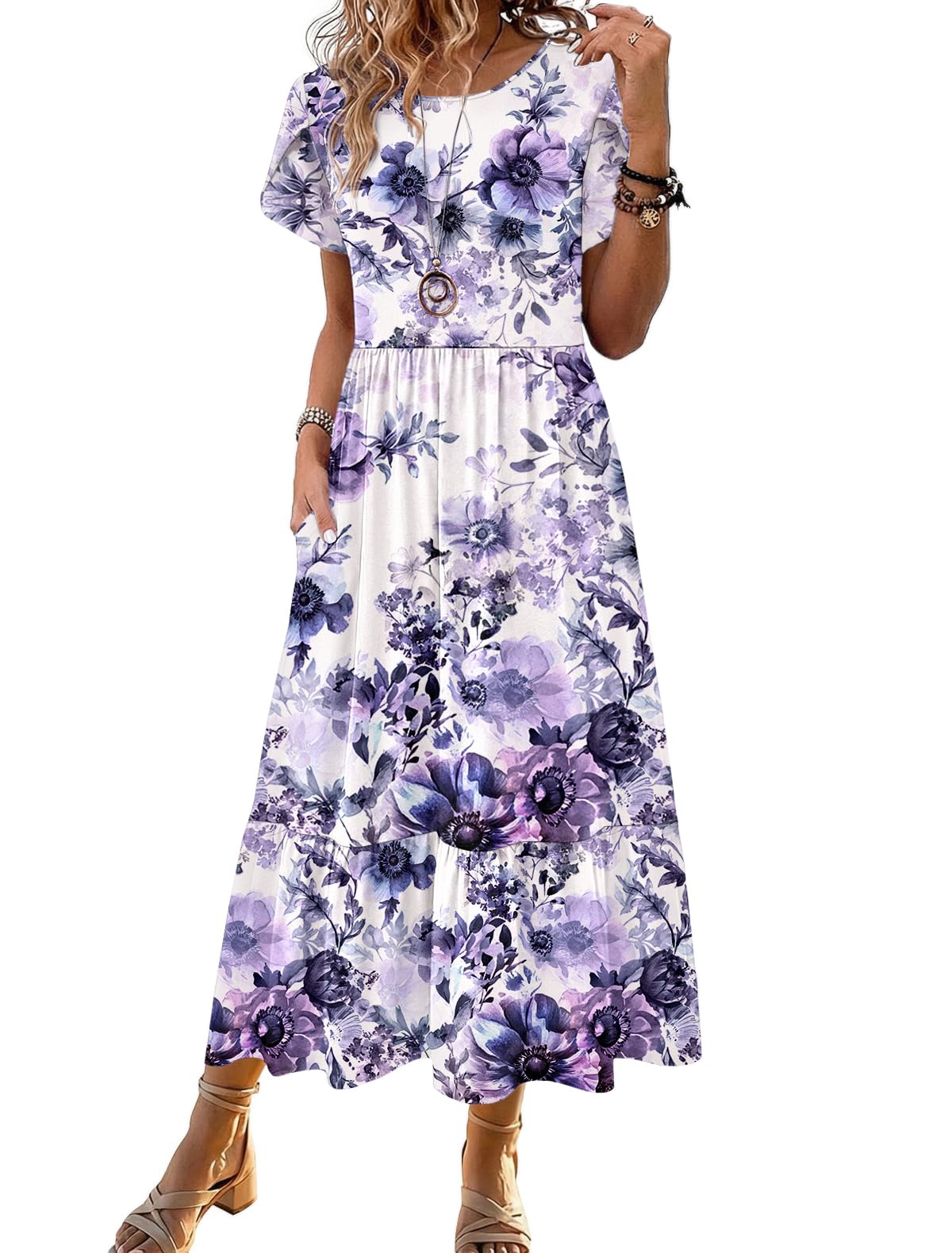 Zeagoo Women Summer Midi A Line Dress Short Sleeve Casual Flowy Tiered Beach Long Sundress with Pockets 2026 Vacation Travel