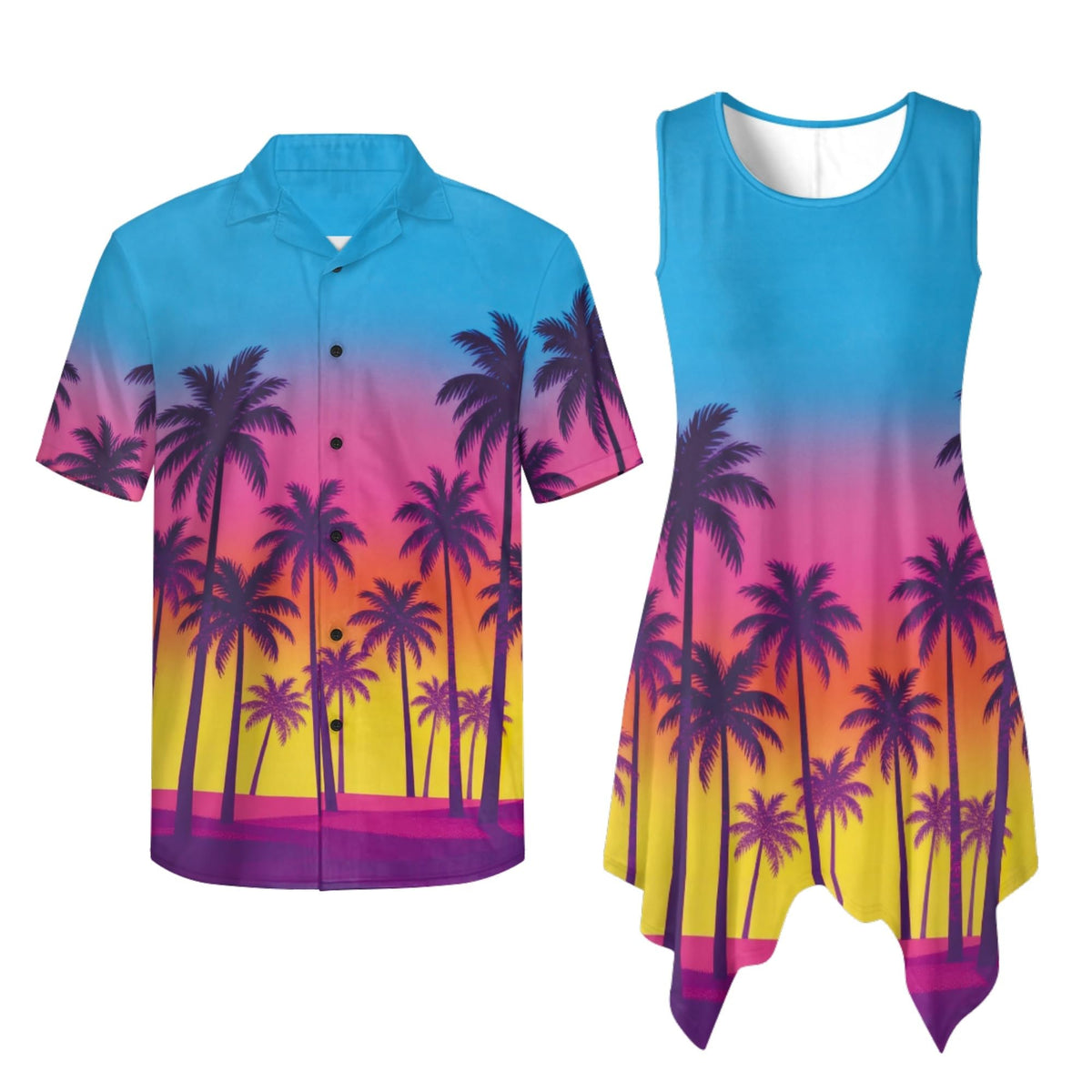 TOADDITDO Couple Shirts and Dress Matching Outfit Womens Sleeveless Flared Mini Sundress or Mens Buttons Hawaiian Aloha Shirt