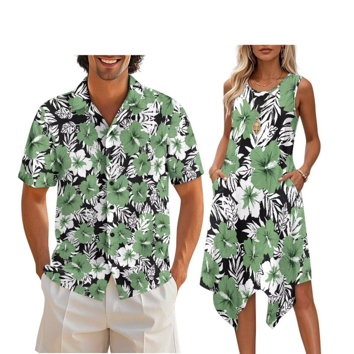 doginthehole Matching Hawaiian Outfits for Couples Men's Button Down Shirt Sleeveless Sundresses Summer Dress for Women