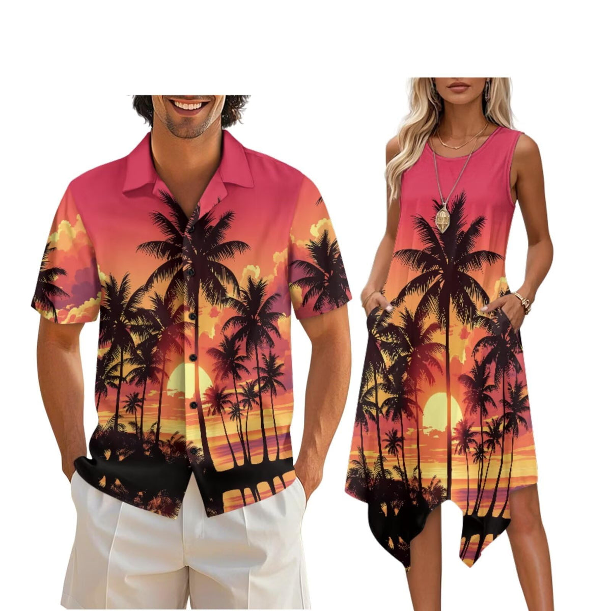 doginthehole Matching Hawaiian Outfits for Couples Men's Button Down Shirt Sleeveless Sundresses Summer Dress for Women