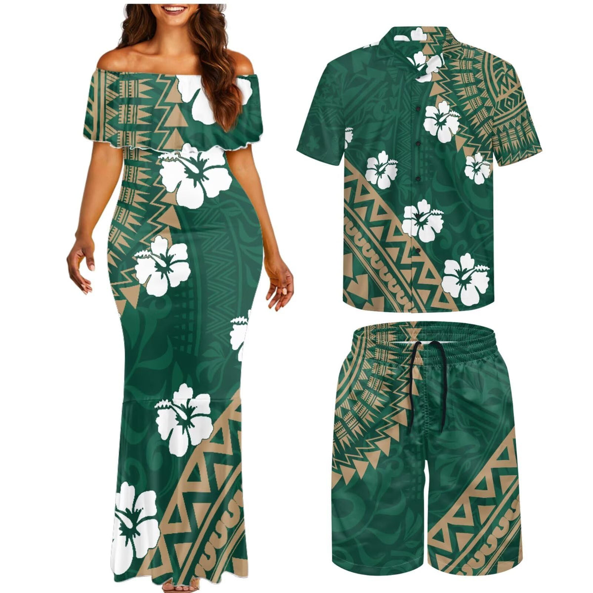 Matchable Couple Hawaiian Polynesian Puletasi Samoa Womens Dress with Mens Shirt and Mens Shorts Couple Set