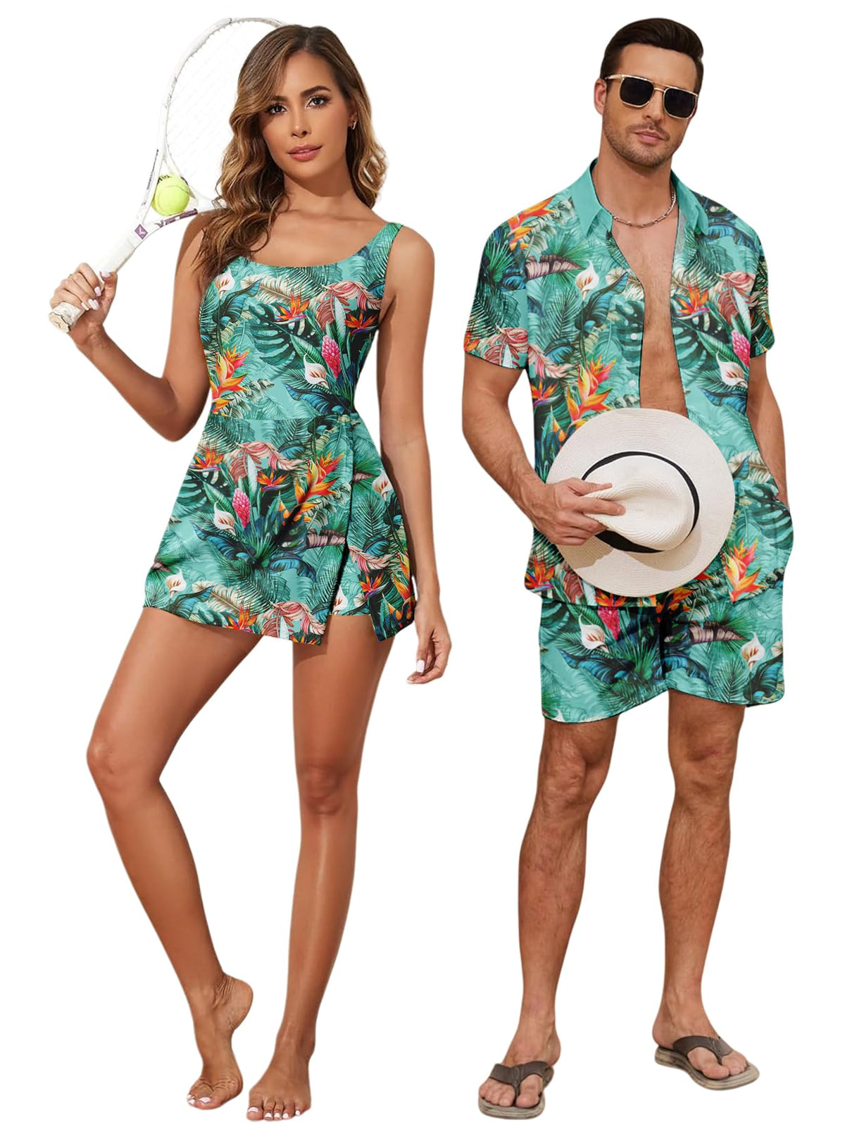 Matching Hawaiian Outfits Beach Vacation for Couples Tropical Print Women One Piece Swimwear or Men Shirt Suit