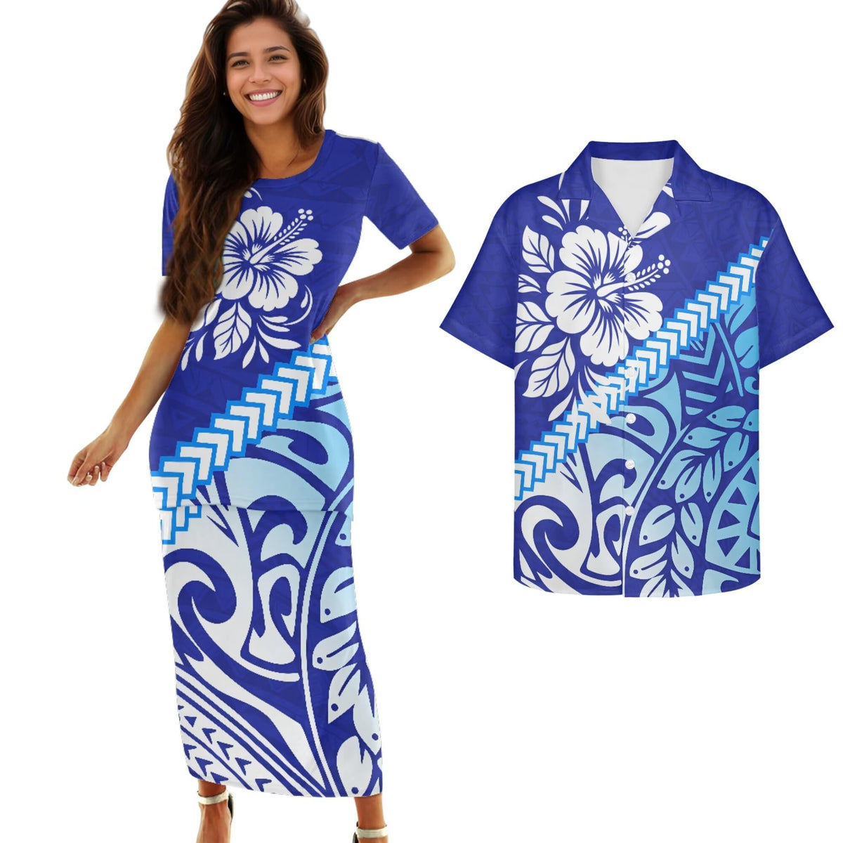 Samoa Couple Outfit Polynesian Dress for Women Traditional Puletasi Shirts for Men Beach Lava Lava Luau
