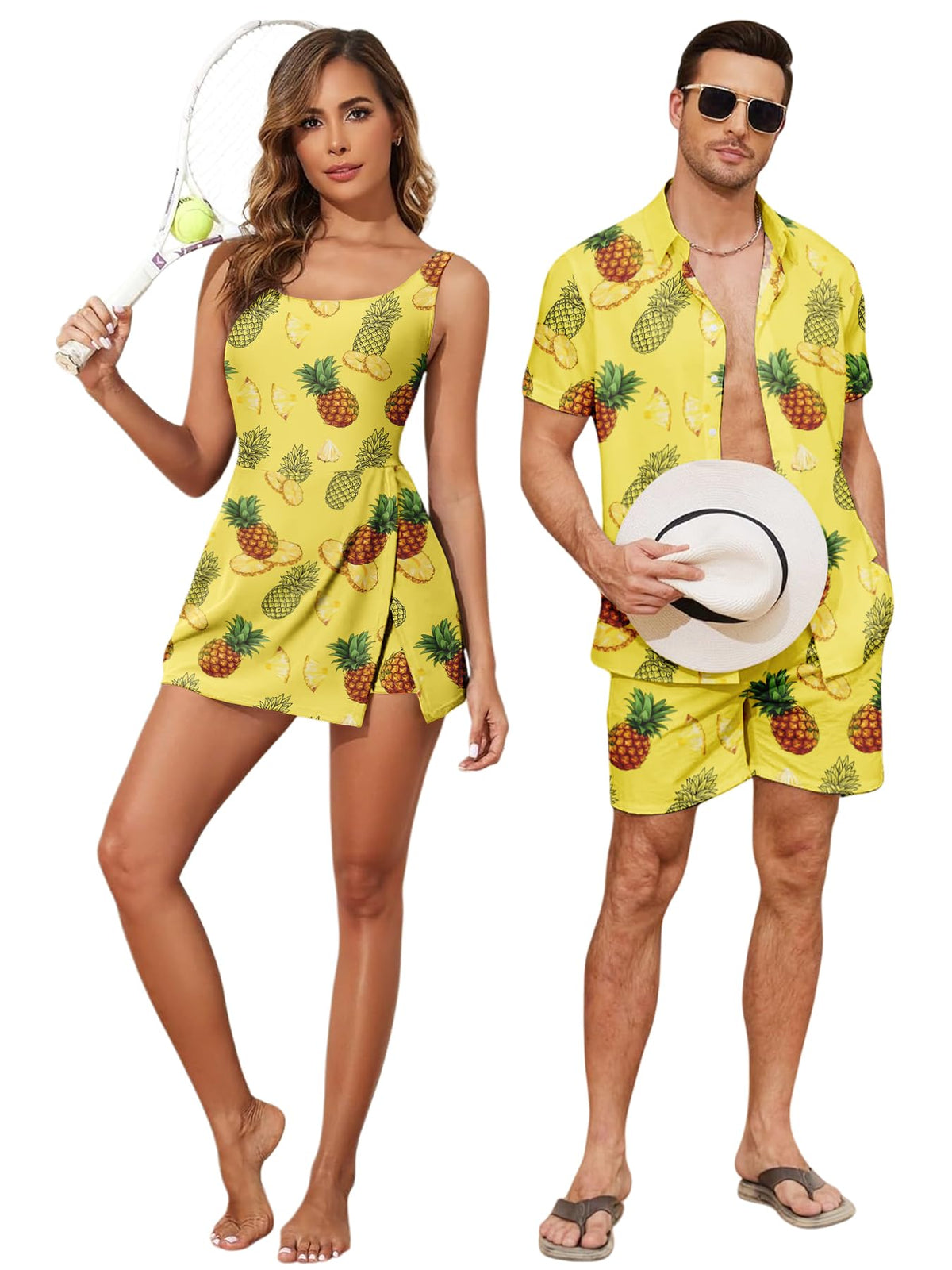 Matching Hawaiian Outfits Beach Vacation for Couples Tropical Print Women One Piece Swimwear or Men Shirt Suit