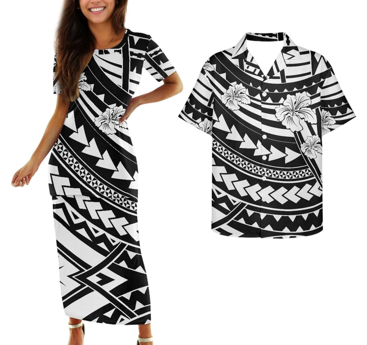 Samoa Couple Outfit Polynesian Dress for Women Traditional Puletasi Shirts for Men Beach Lava Lava Luau