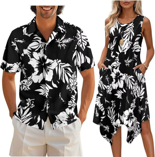 doginthehole Matching Hawaiian Outfits for Couples Men's Button Down Shirt Sleeveless Sundresses Summer Dress for Women