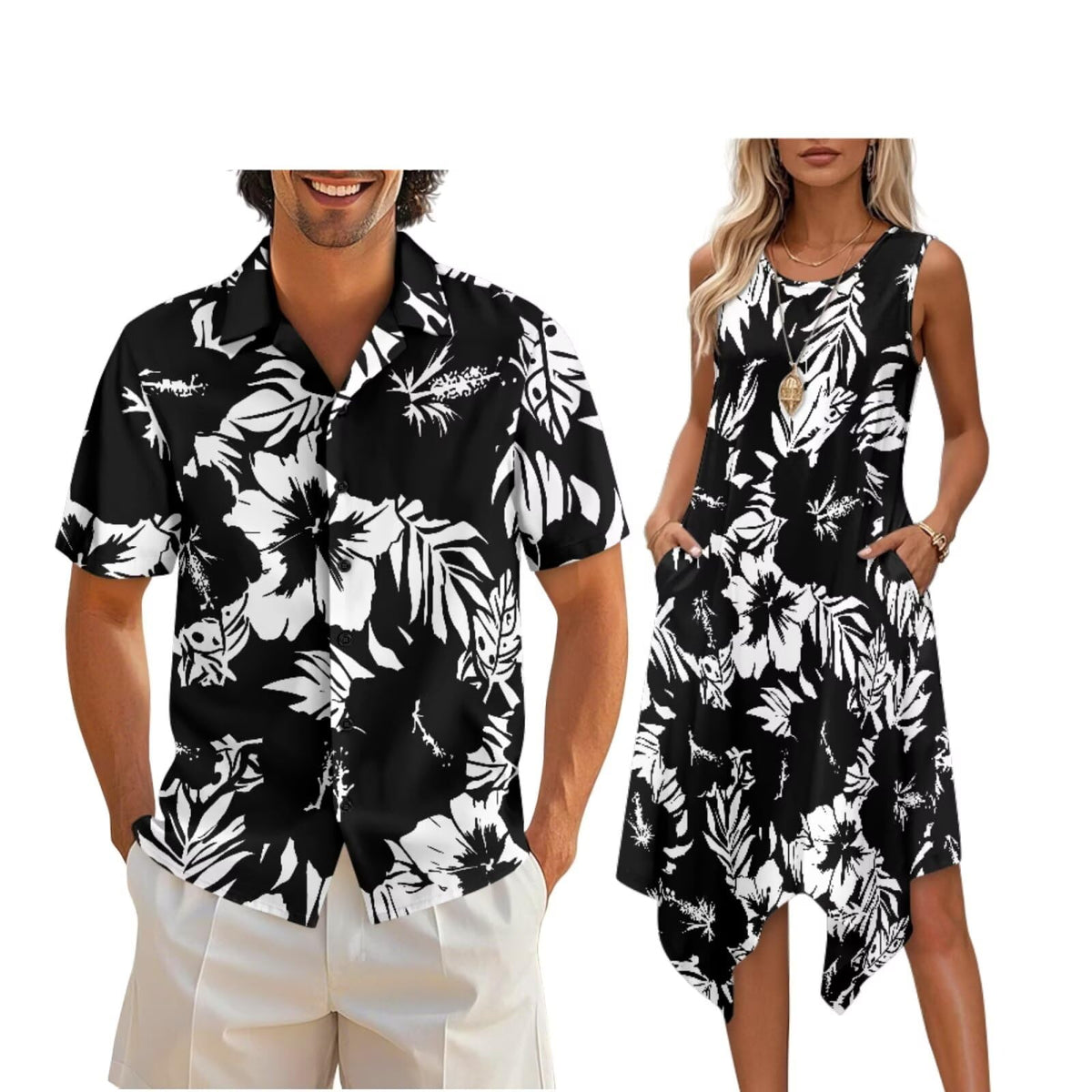 doginthehole Matching Hawaiian Outfits for Couples Men's Button Down Shirt Sleeveless Sundresses Summer Dress for Women