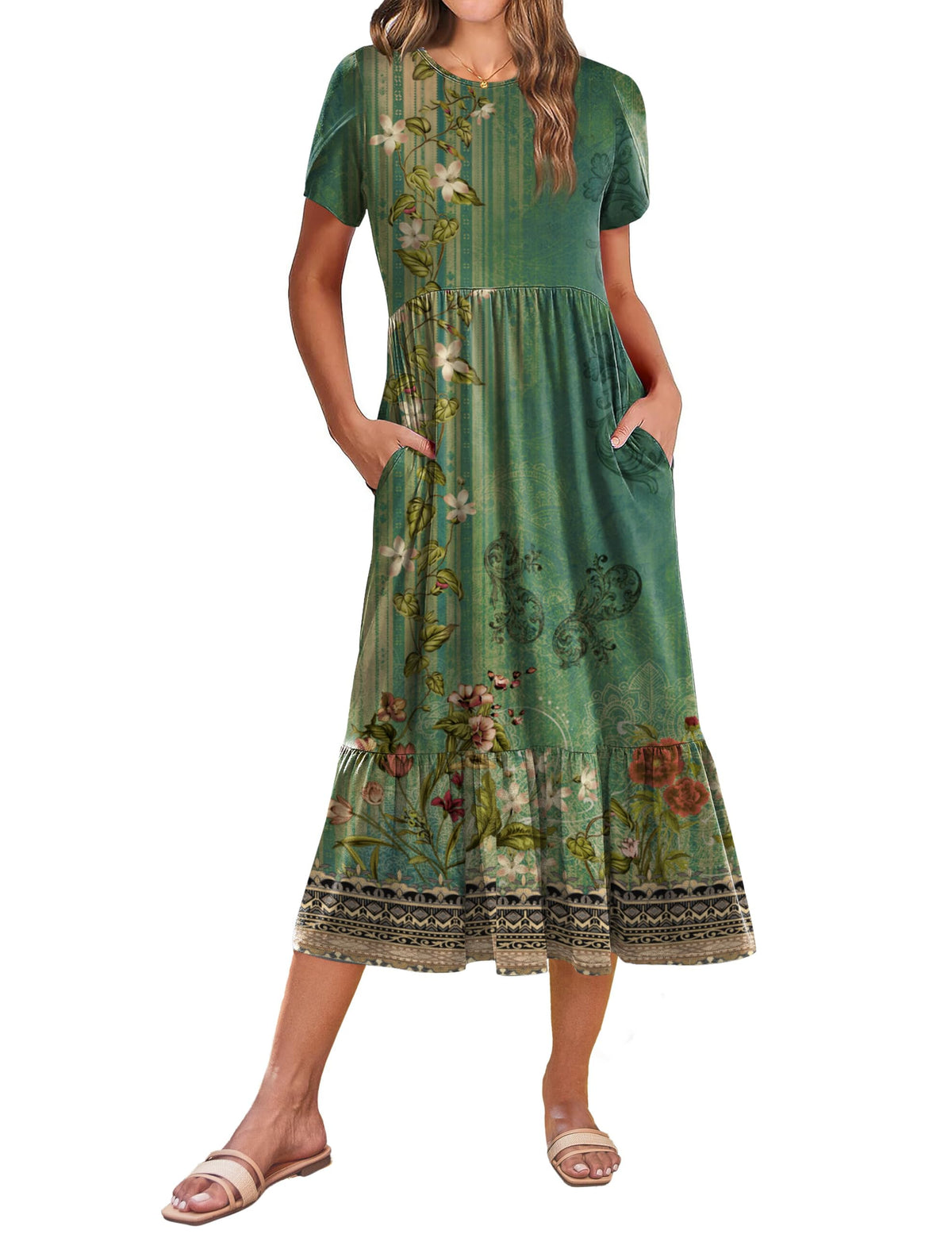 Zeagoo Women Summer Midi A Line Dress Short Sleeve Casual Flowy Tiered Beach Long Sundress with Pockets 2026 Vacation Travel