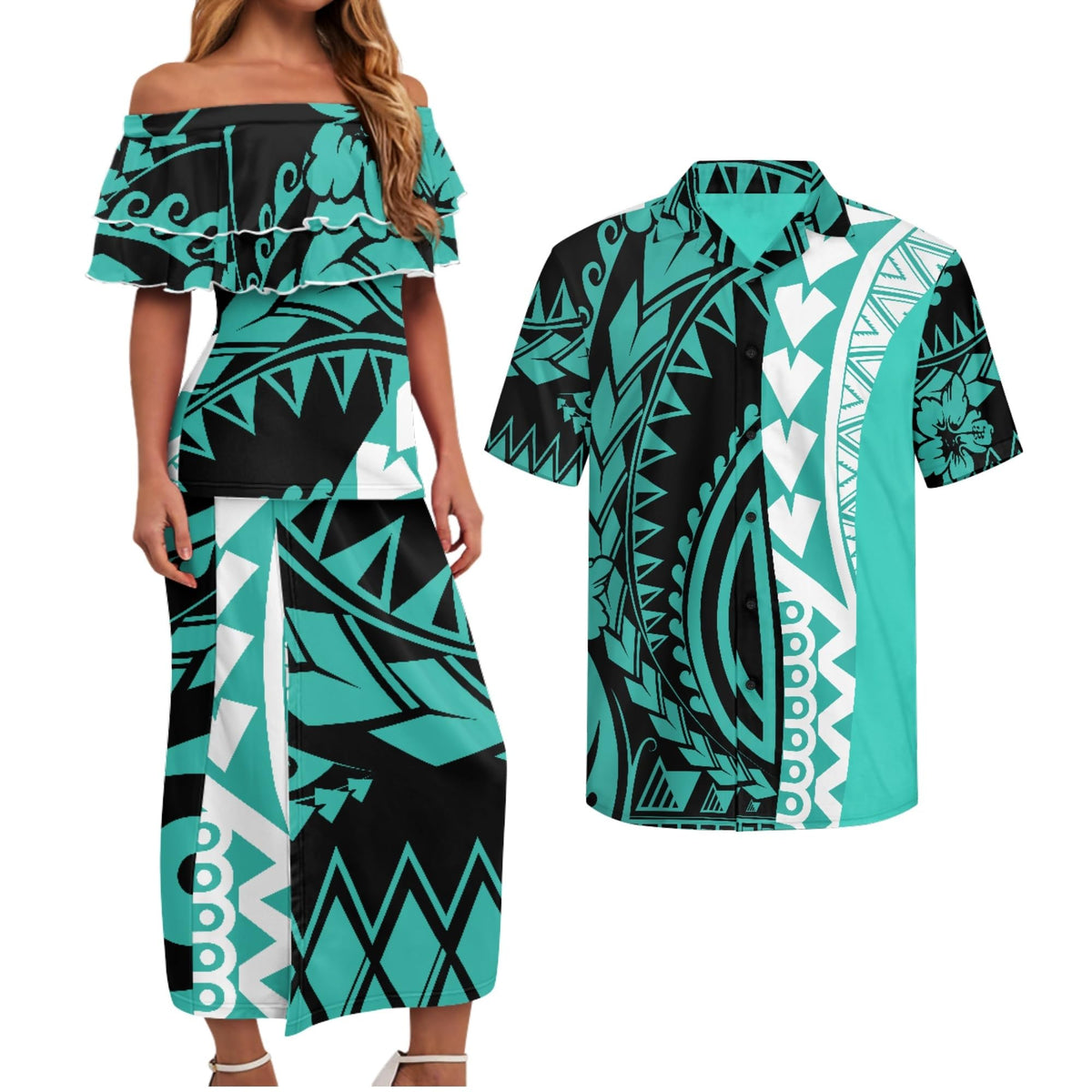 Polynesian Couples Matching Outfits Short Sleeve Puletsai Samoan Traditional Dress & Man Shirts