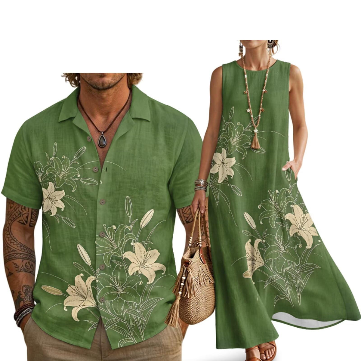 Husband and Wife Clothes Linen Casual Shirt for Men Maxi Dress for Women Summer Dress Matching Vacation Clothes