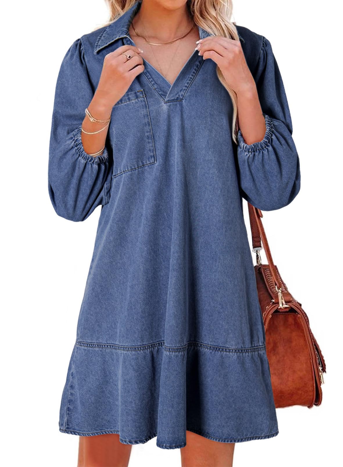 Dokotoo Denim Dress for Women Fall 3/4 Puff Sleeve Babydoll Jean Dress