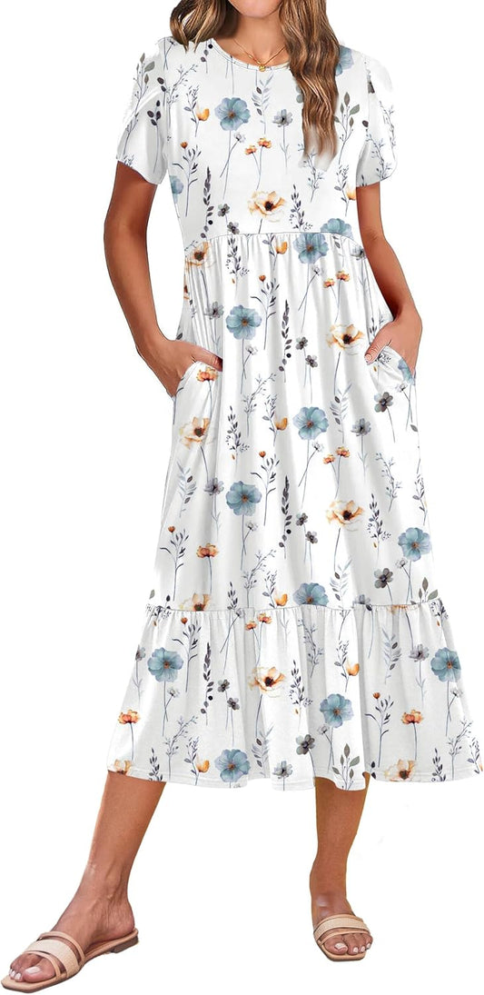 Zeagoo Women Summer Midi A Line Dress Short Sleeve Casual Flowy Tiered Beach Long Sundress with Pockets 2026 Vacation Travel