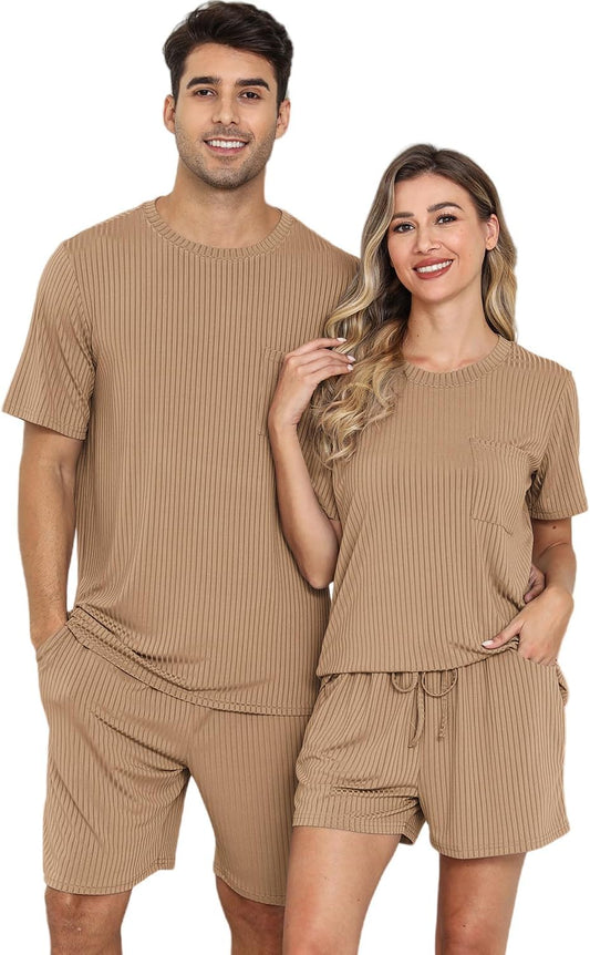 EISHOPEER Matching Pajamas for Couples 2 Piece Lounge Set Ribbed Knit Pajama Matching Tops and Shorts Soft Sleepwear S-XXL