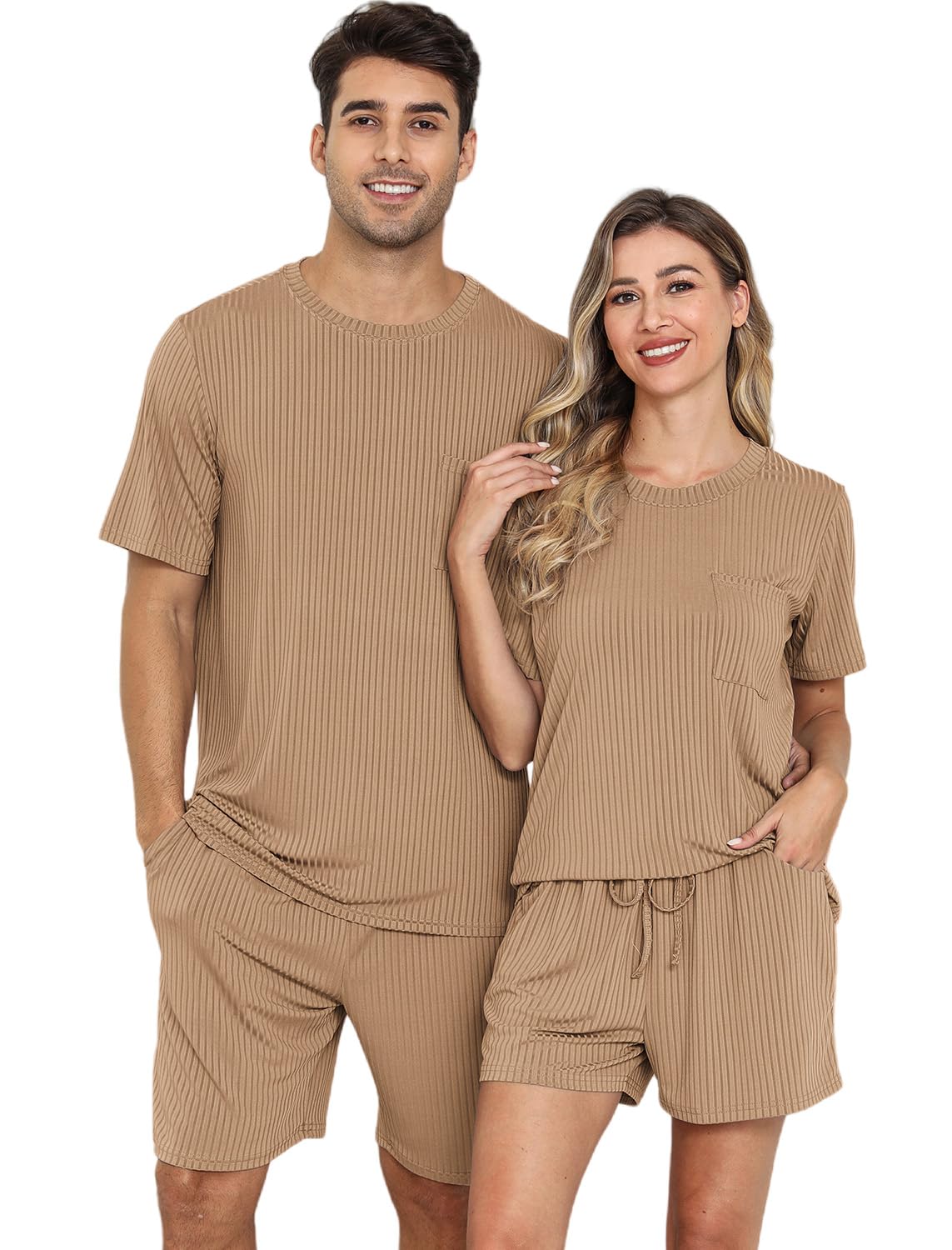 EISHOPEER Matching Pajamas for Couples 2 Piece Lounge Set Ribbed Knit Pajama Matching Tops and Shorts Soft Sleepwear S-XXL