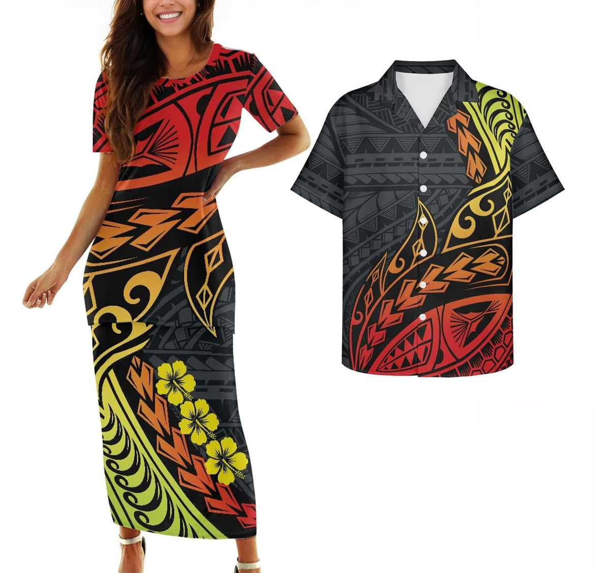 Samoa Couple Outfit Polynesian Dress for Women Traditional Puletasi Shirts for Men Beach Lava Lava Luau