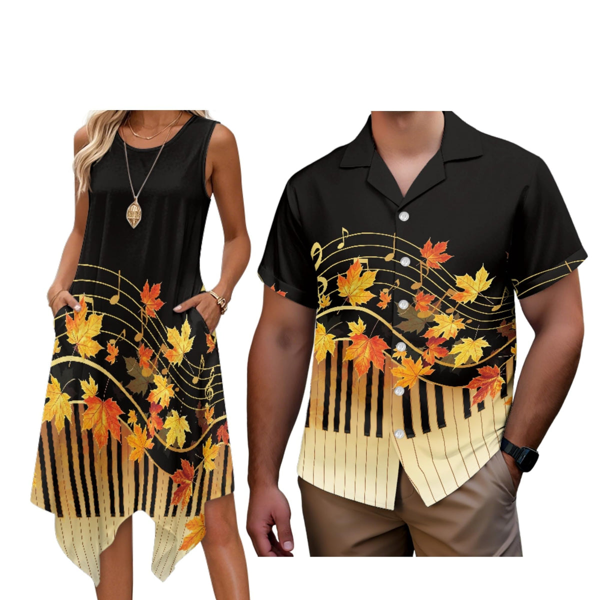 Matching Hawaiian Outfits for Couples Womens Asymmetrical Midi Dress Mens Beach Shirts Short Sleeve Button Up Shirt