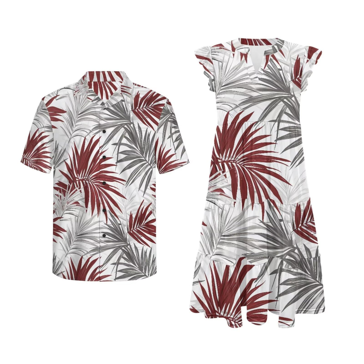 His and Hers Matching Hawaiian Outfits Mens Button Down Shirt Flowy Tiered Midi Dress