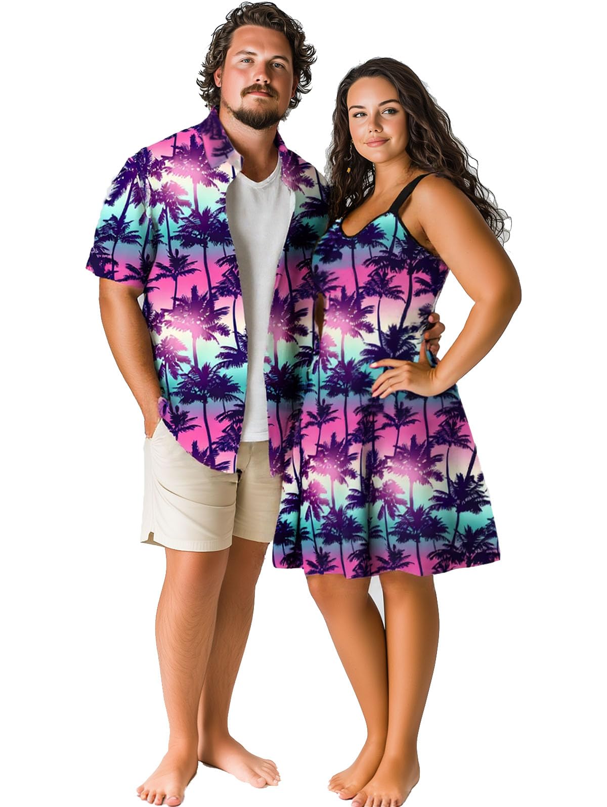ROSE GAL Matchable Couple Hawaiian Coconut Tree Print Shirt or Plus Size Knee Length Fit and Flare Tank Dress