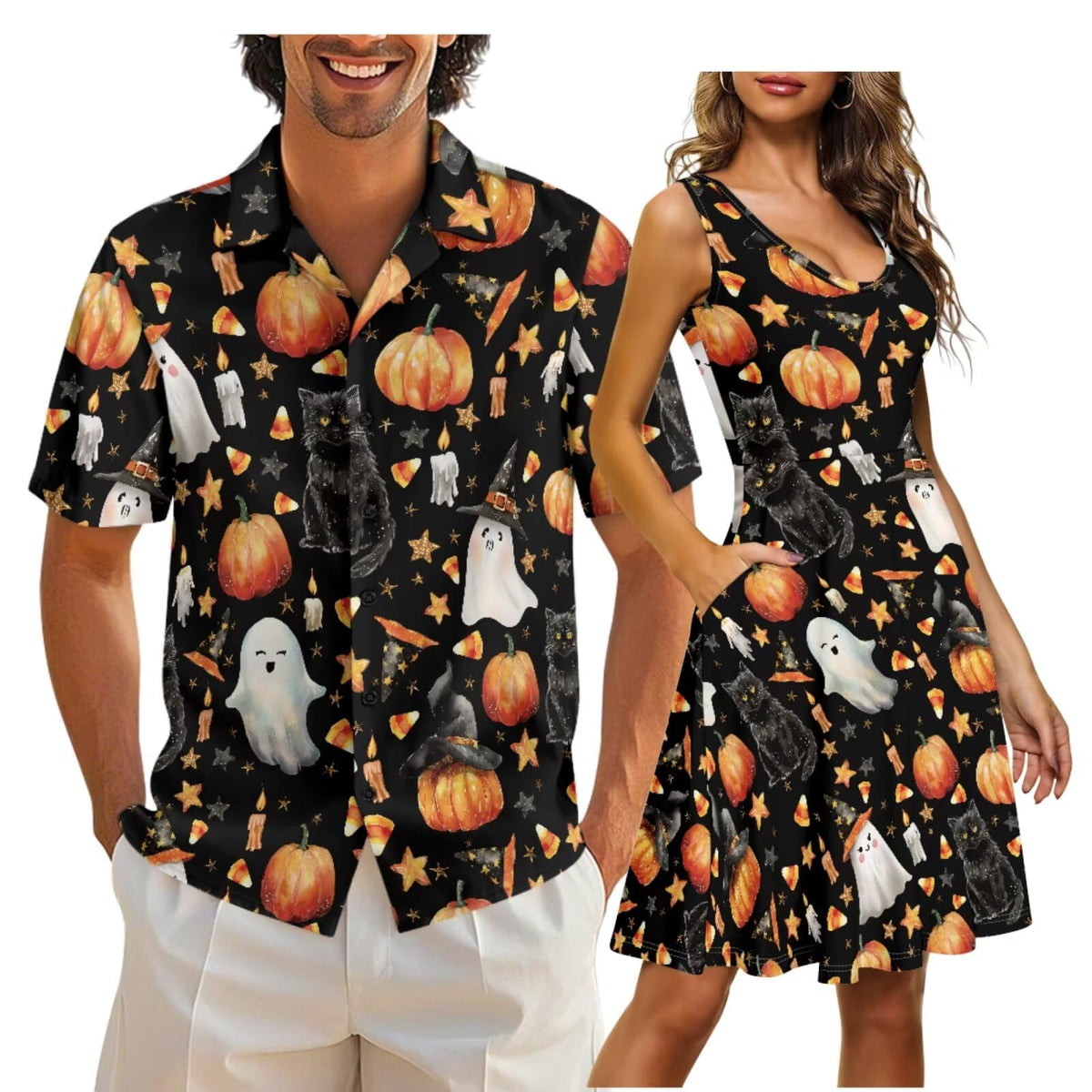 Cozeyat Matching Hawaiian Outfits for Couples Mens Button Up Polos Shirt and Women Sleeveless Sundress with Pockets