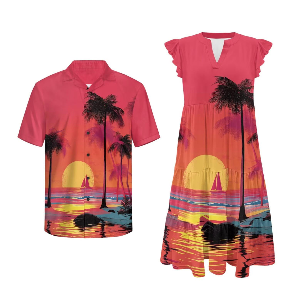 His and Hers Matching Hawaiian Outfits Mens Button Down Shirt Flowy Tiered Midi Dress