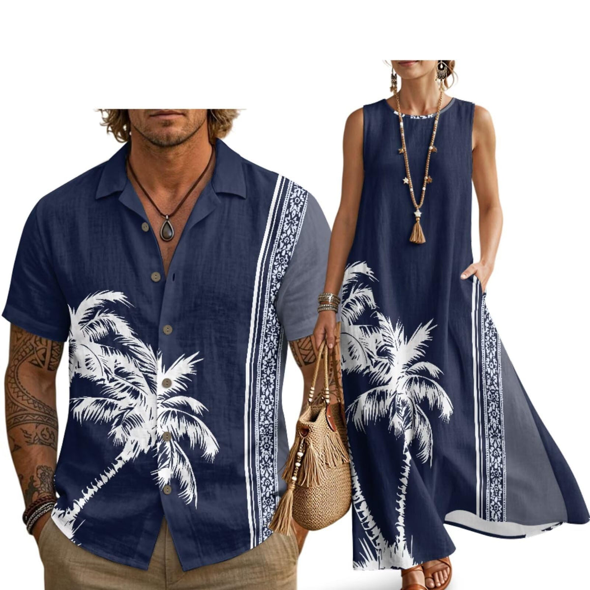 Husband and Wife Clothes Linen Casual Shirt for Men Maxi Dress for Women Summer Dress Matching Vacation Clothes