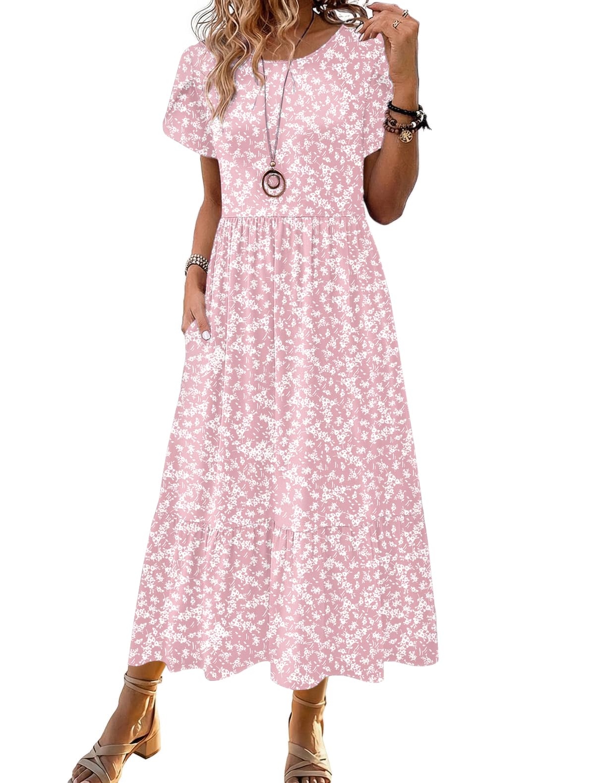 Zeagoo Women Summer Midi A Line Dress Short Sleeve Casual Flowy Tiered Beach Long Sundress with Pockets 2026 Vacation Travel