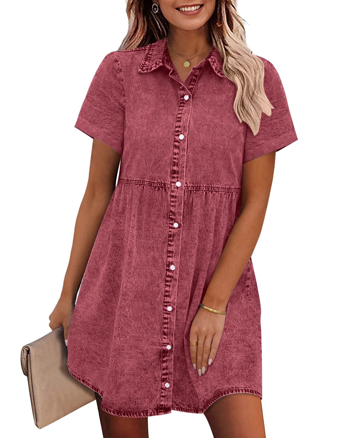 GRAPENT Denim Dress for Women Babydoll Tiered Short Sleeve Button Down Jean Shirt Dresses