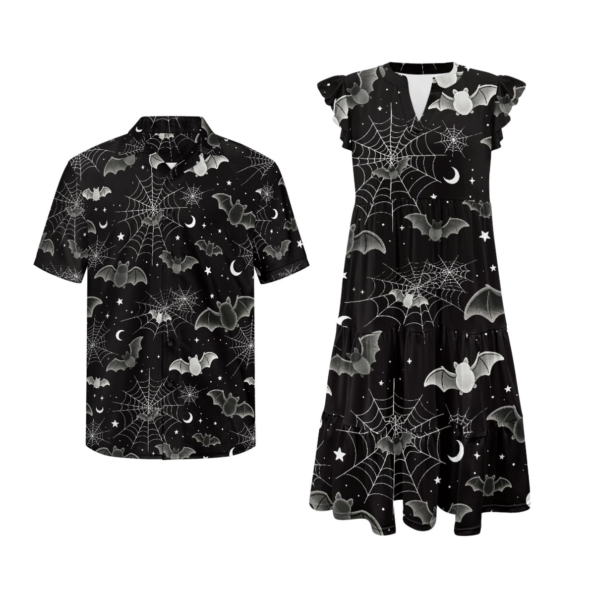 His and Hers Matching Hawaiian Outfits Mens Button Down Shirt Flowy Tiered Midi Dress