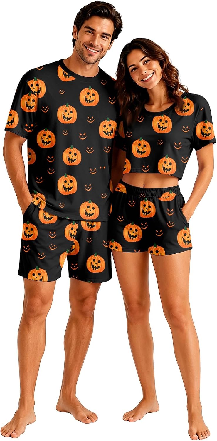 Matching Pjs for Couples Pumpkin Funny Short Sleeve Tops Matching Shorts