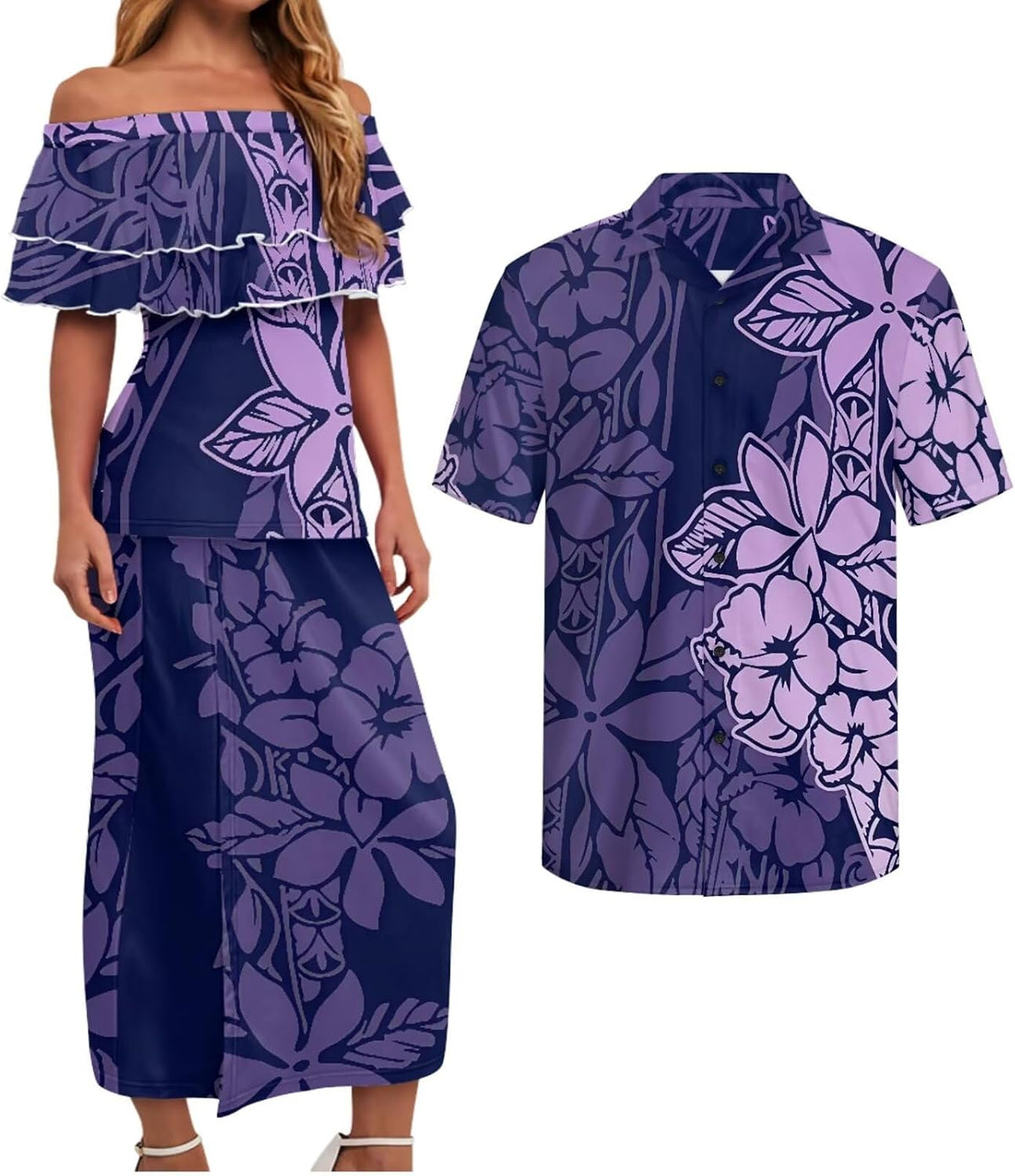 Polynesian Couples Matching Outfits Short Sleeve Puletsai Samoan Traditional Dress & Man Shirts