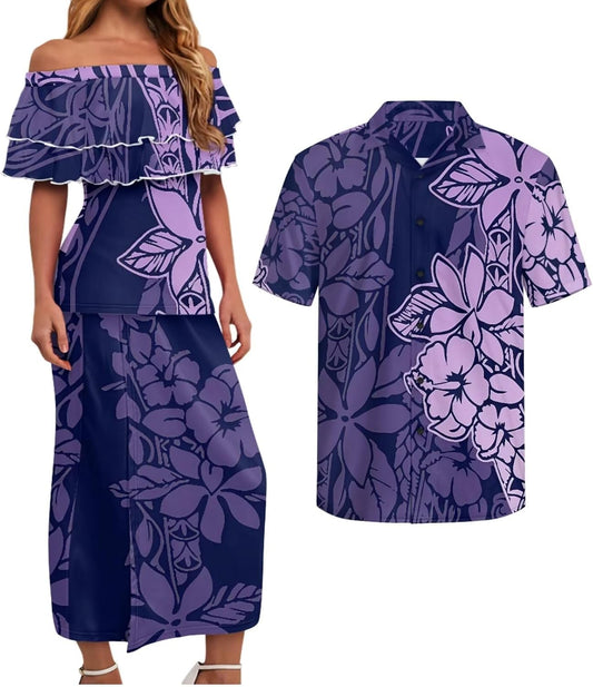 Polynesian Couples Matching Outfits Short Sleeve Puletsai Samoan Traditional Dress & Man Shirts