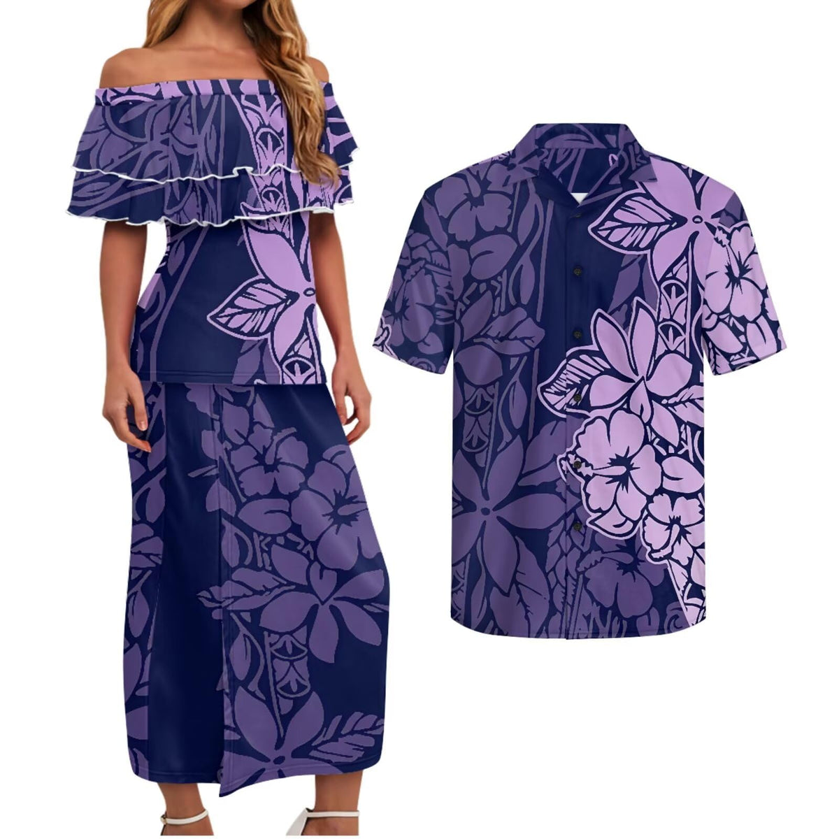 Polynesian Couples Matching Outfits Short Sleeve Puletsai Samoan Traditional Dress & Man Shirts