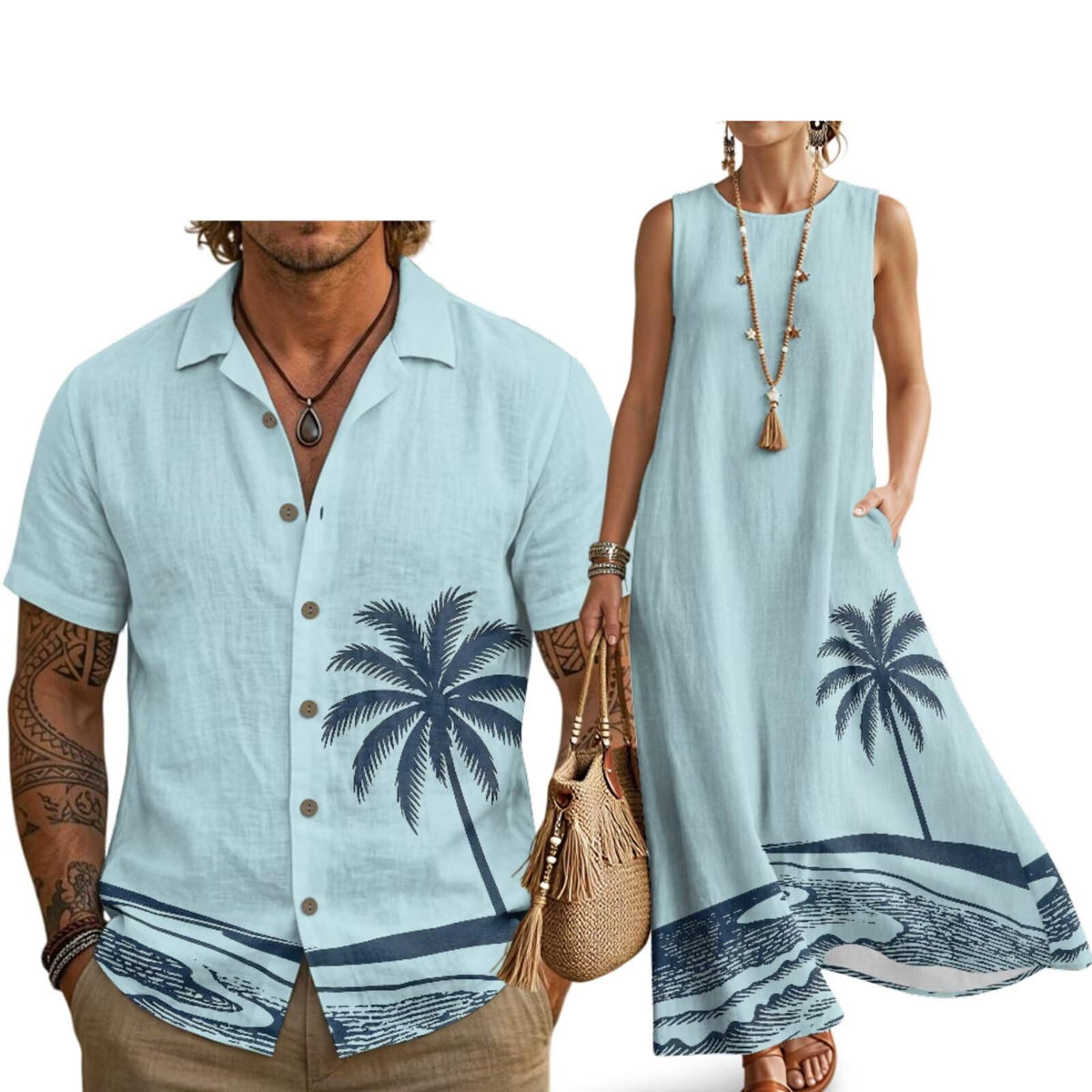 Husband and Wife Clothes Linen Casual Shirt for Men Maxi Dress for Women Summer Dress Matching Vacation Clothes